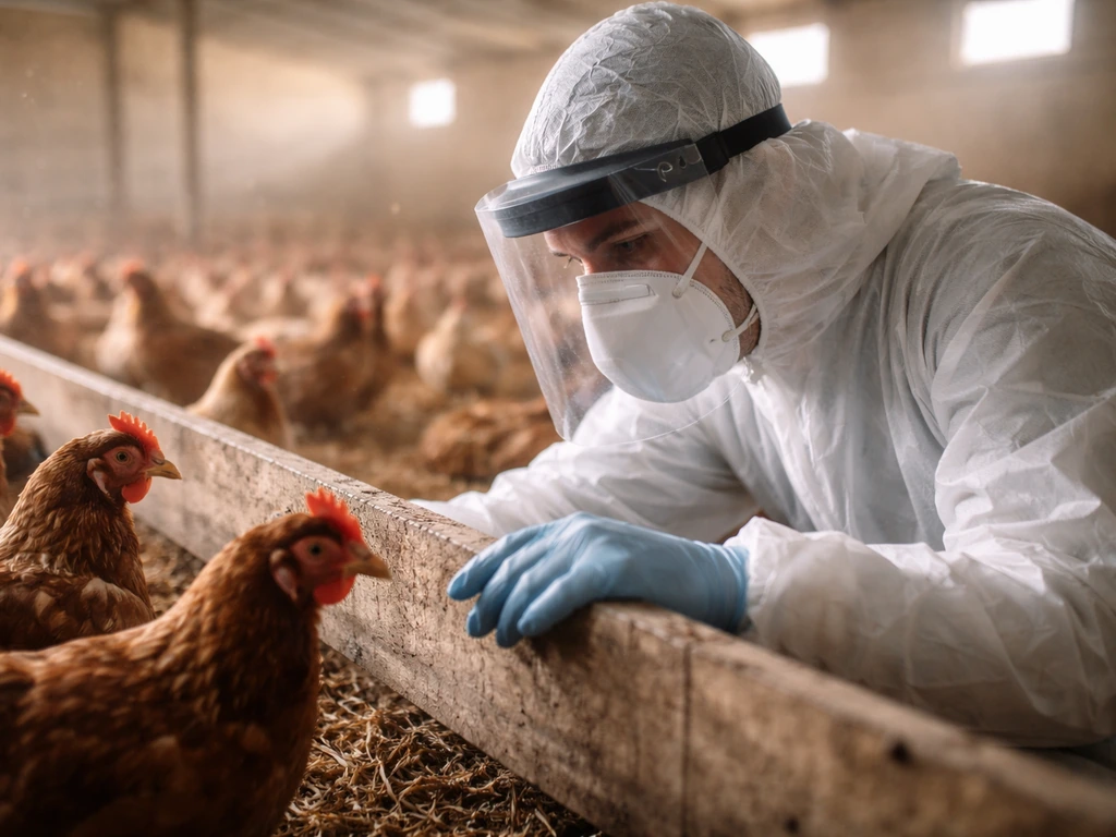 Protective-gear farm worker inspecting a poultry house during a bird flu risk assessment.