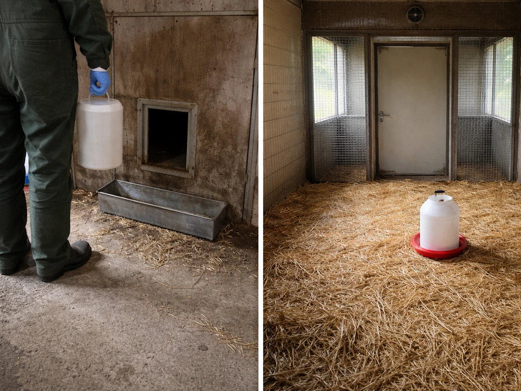 Split farm scene contrasting culling response and quarantine/standby housing for sick chickens, non-graphic.