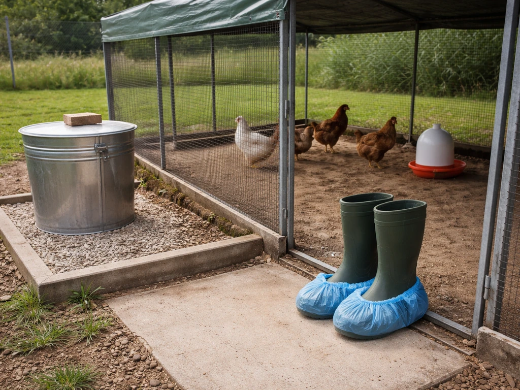 Covered poultry run with secured feed and dedicated boot shoe covers near the entrance