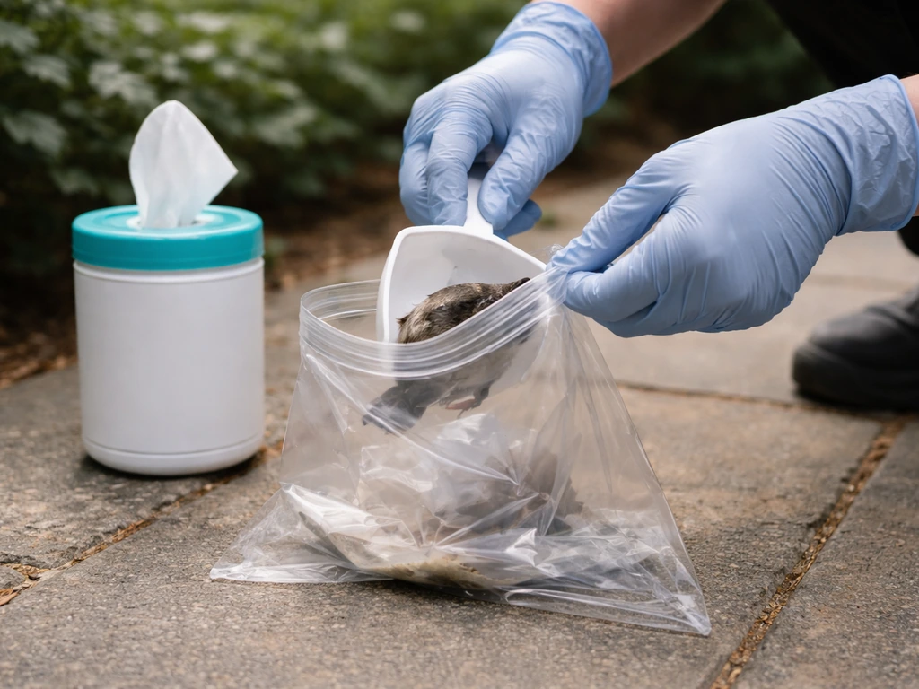 Gloved hands using a plastic scoop and bag to safely handle a suspected dead bird.