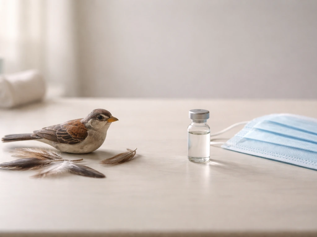 Feathers and a bird model beside a sealed vial and face mask, implying lower human risk than bird risk.