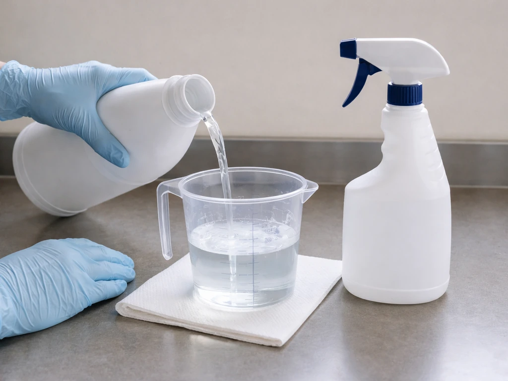 Gloved hands preparing diluted bleach in a measuring cup and spray bottle on a clean hard surface