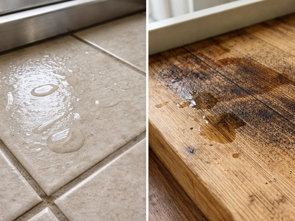 Split scene showing bleach cleaning on sealed tile vs untreated wood, with visible difference in wetness and grime.