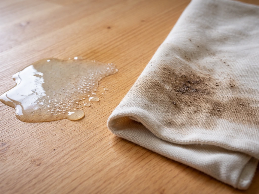 Close-up of a stained untreated fabric and wood surface where bleach fails to fully saturate or clean
