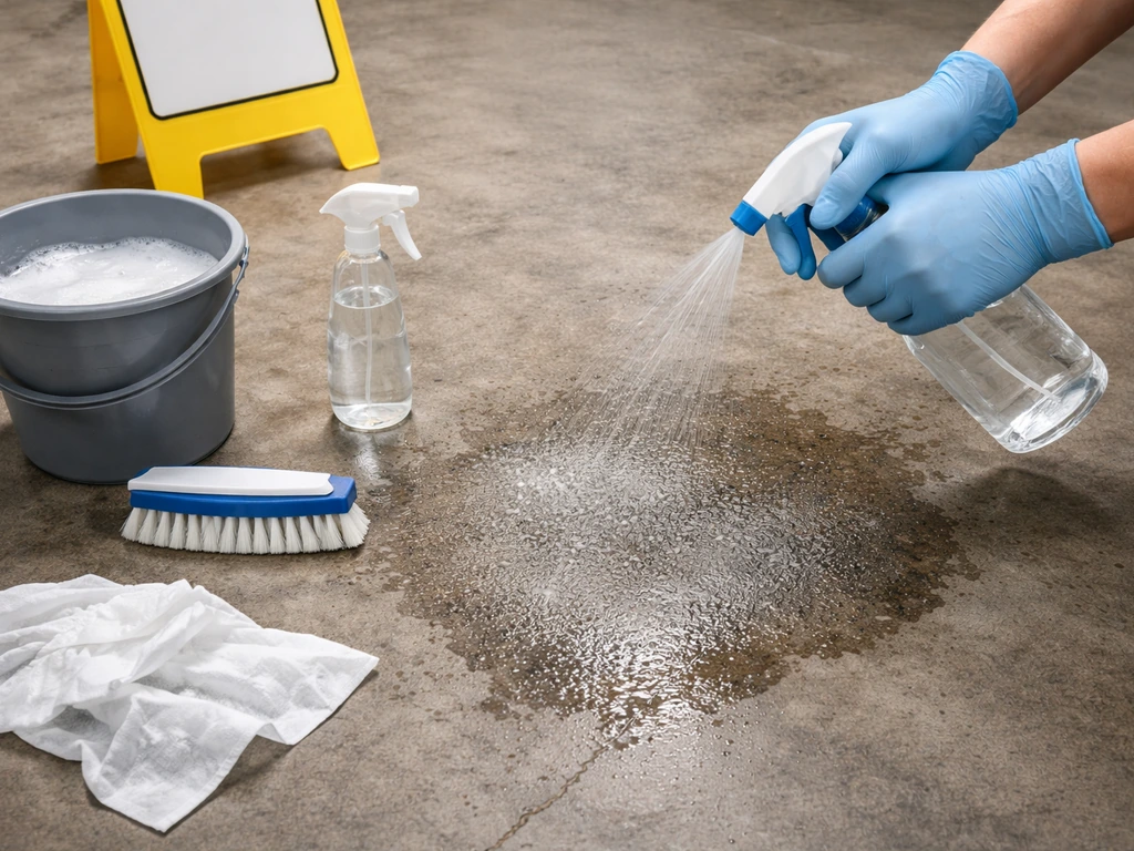 Gloved hands spraying disinfectant onto a dirty concrete floor beside a brush and detergent bucket.