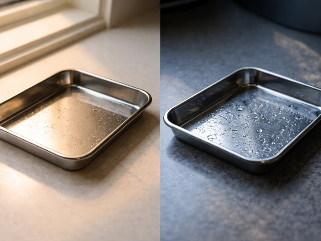 Two stainless trays with different lighting and moisture, showing warmer dry vs shaded cold wet surface conditions.