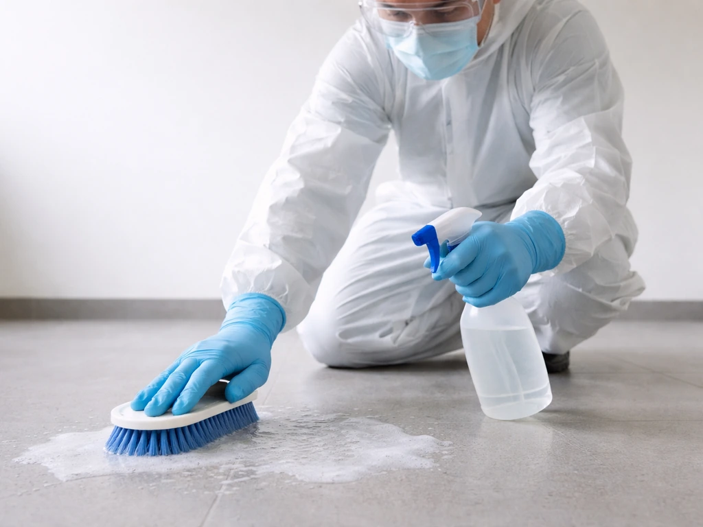 Worker in PPE scrubs a floor with detergent, then applies disinfectant using a spray bottle.