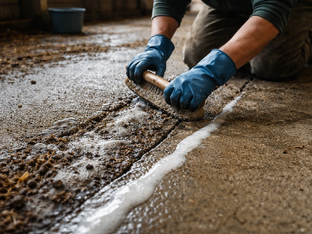 Worker scrubs and disinfects a porous concrete barn floor with visible cracks and wet texture