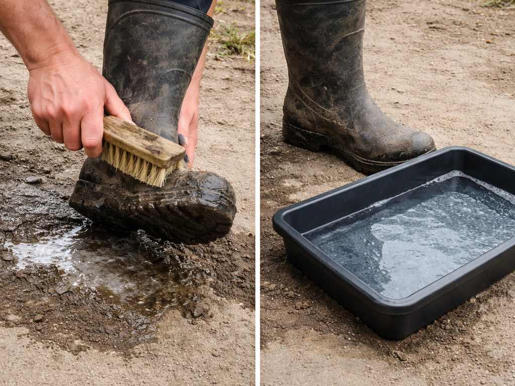 Worker scrubs muddy boot soles, then steps into a disinfectant footbath outdoors