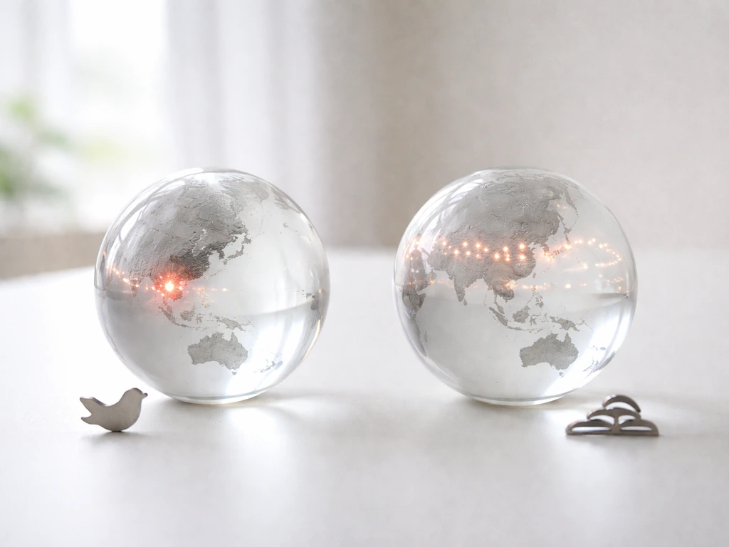 Two glass globes showing localized vs widespread spread patterns for outbreak versus pandemic risk.