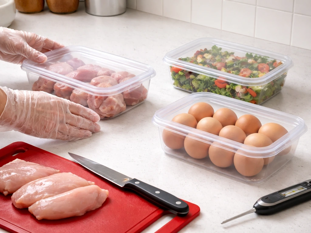 Gloved hands and separate covered containers for raw poultry, eggs, and ready-to-eat food with a thermometer on a clean