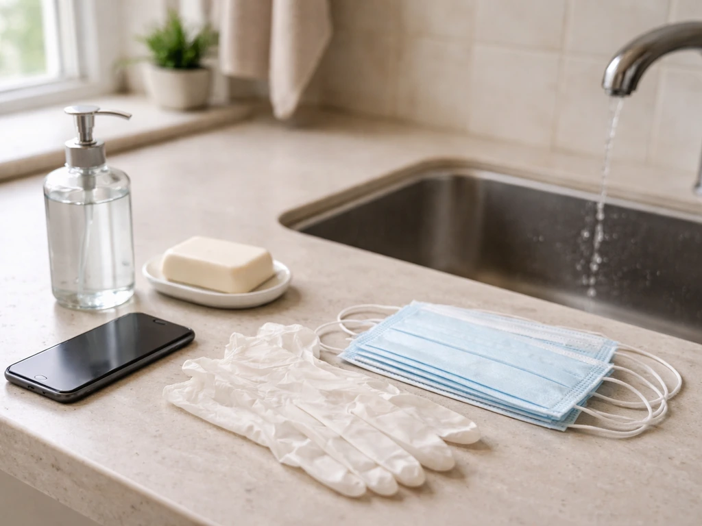 Home handwashing setup with soap and a neatly staged PPE kit on a clean counter.