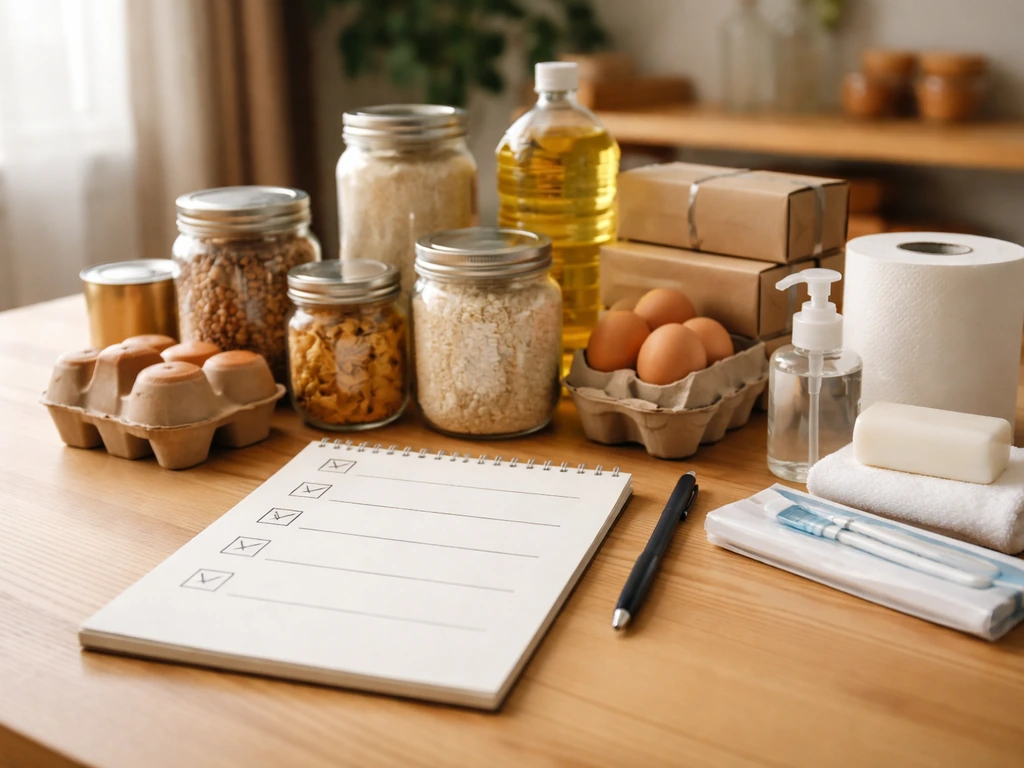 Handwritten household preparedness checklist beside staged non-perishable food and hygiene supplies