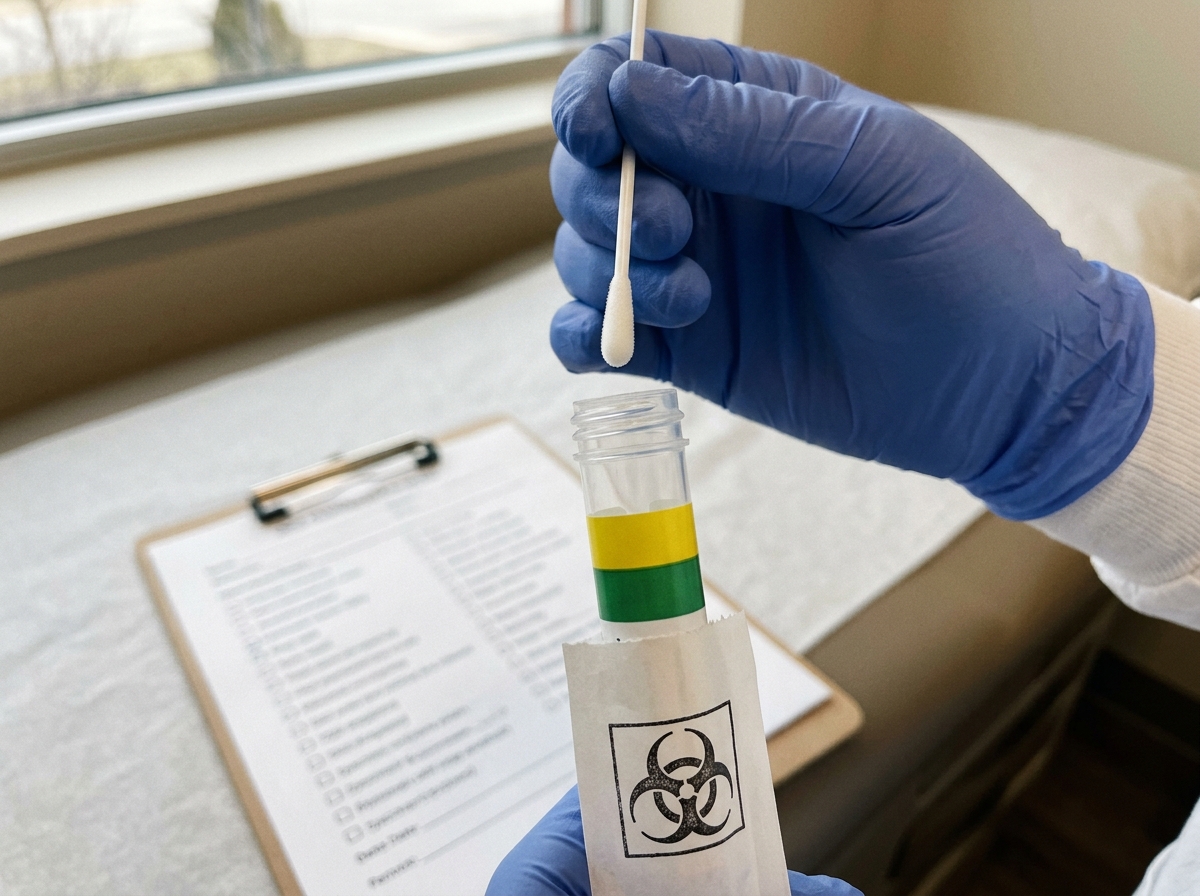 Laboratory setup with swab and specimen vial representing confirmed cases used for CFR
