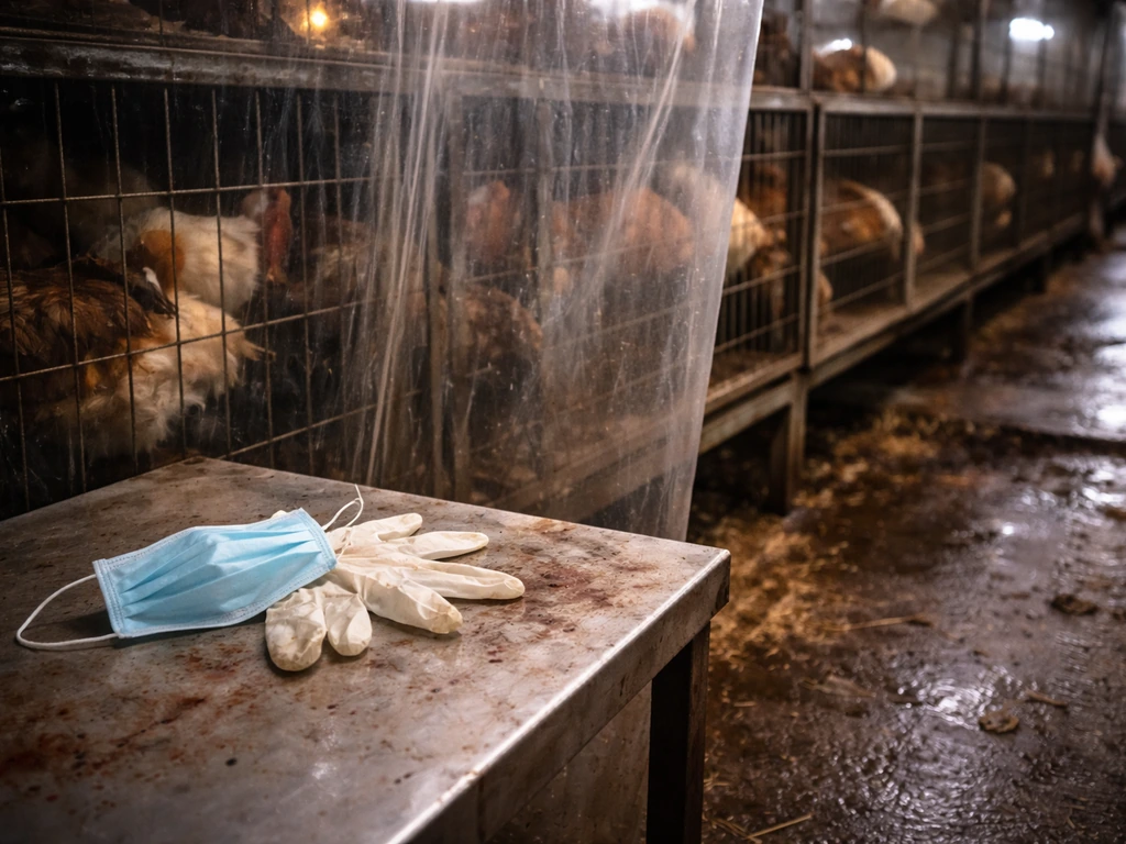 Empty live poultry market stall with cages, PPE barrier, and wet, contaminated surfaces indicating close-contact risk.