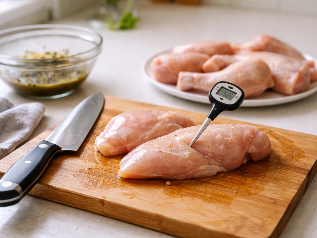 Close-up of safe poultry handling on a kitchen counter with a thermometer inserted in the meat.