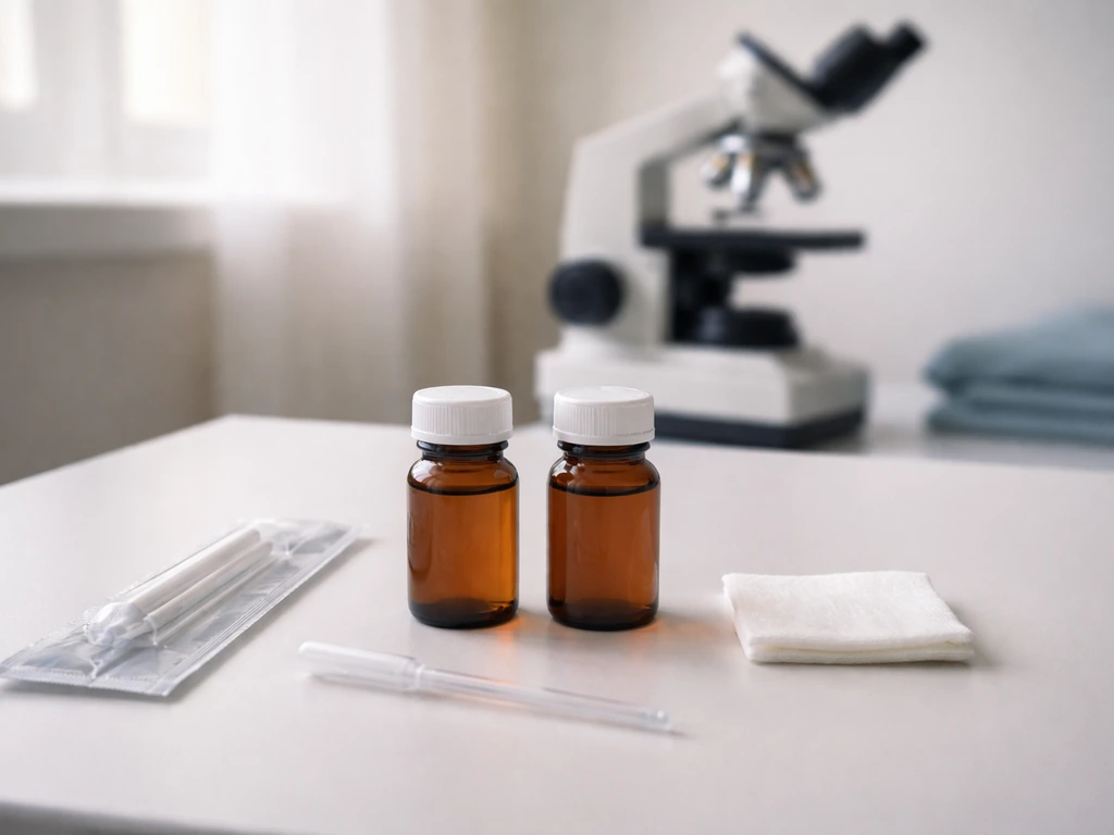 Clinician’s desk with two labeled medicine bottles and a microscope, representing curable vs treatable bird-flu outcomes