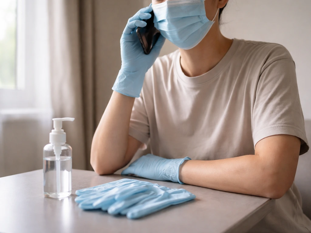 Person on a phone while wearing a mask and holding gloves, with hand sanitizer nearby in a quiet room