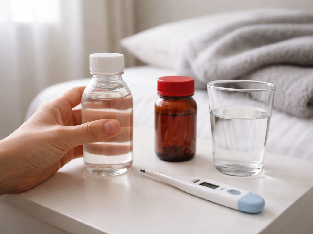 Bedside table with thermometer, rehydration drink, and medication for fever care in home isolation.