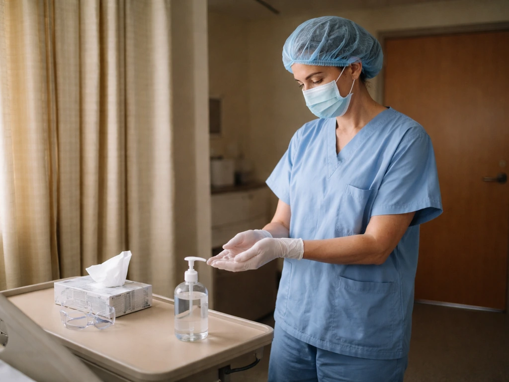 Anonymous masked healthcare worker sanitizing hands in a private isolation room with privacy curtain drawn.