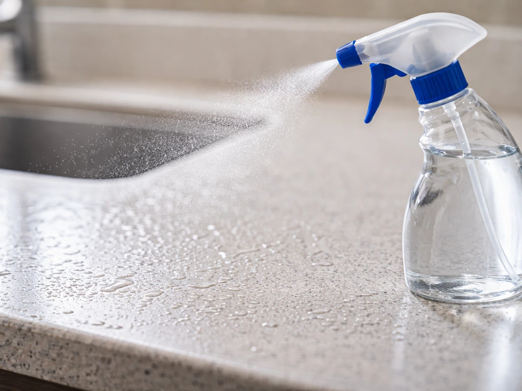 Unlabeled disinfectant spray misting a wet kitchen countertop with droplets visible.
