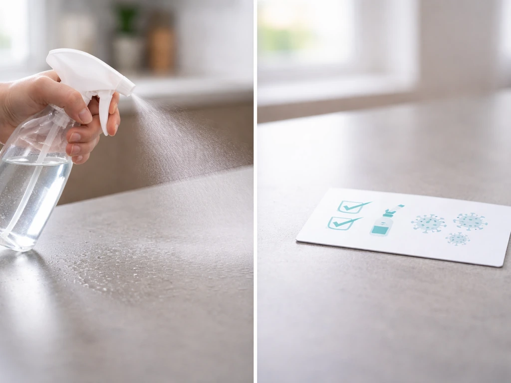 Two simple home-cleaning scenes: spray mist on a surface and a disinfectant label-like panel beside it.