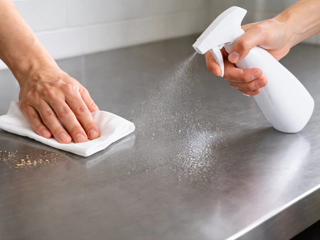 Hands wiping a stainless counter, then spraying disinfectant so the surface looks wet and ready