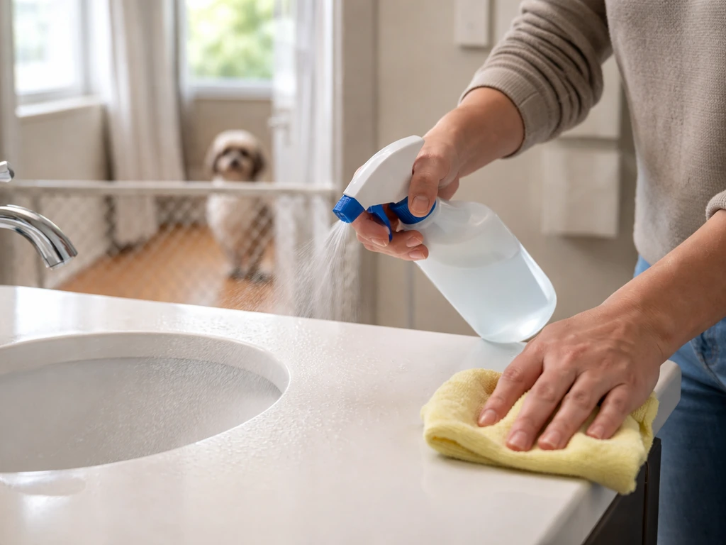 Hands disinfecting a counter with windows open while a small dog stays behind a baby gate.