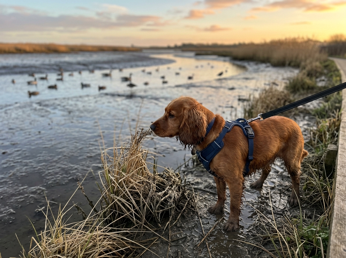 Dog stopped from touching a potential exposure area, with family kept back