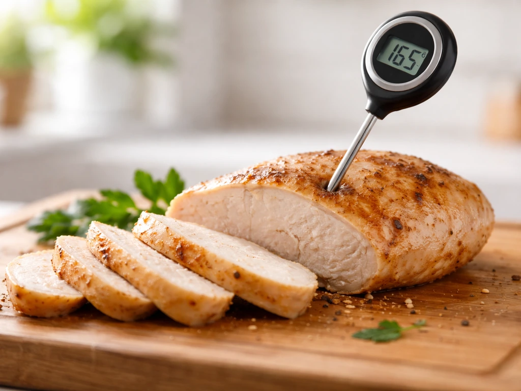 Cooked chicken on a cutting board with a food thermometer inserted to show safe internal temperature.