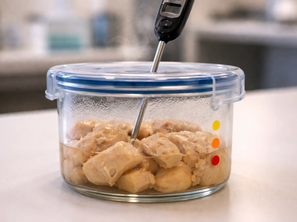 Close-up of a sealed container with a probe thermometer showing rising temperature, suggesting virus heat inactivation.