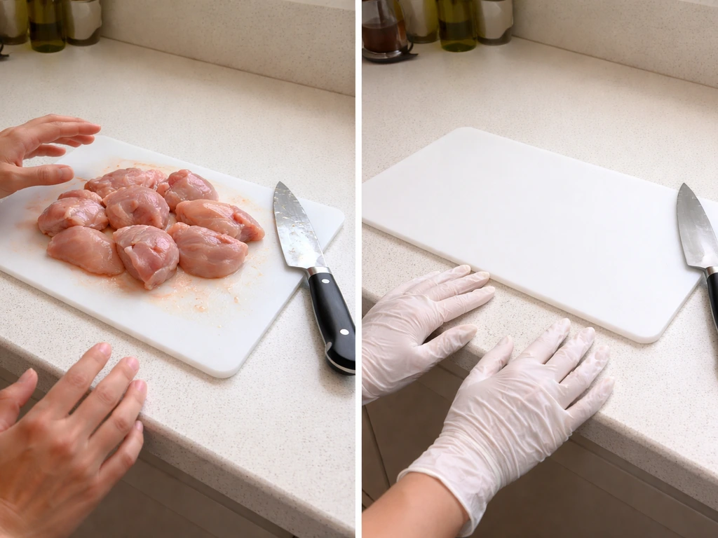 Split kitchen scene: raw chicken on a cutting board with juices on one side, clean prep area with gloves on the other.