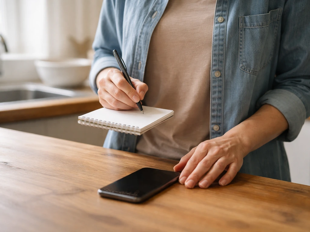 Person in a kitchen holding a notepad, next to a phone, suggesting monitoring symptoms after possible poultry exposure.