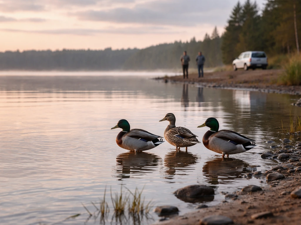 Wild waterfowl near a Canadian shoreline with a quiet, surveillance-like atmosphere suggesting bird flu in birds