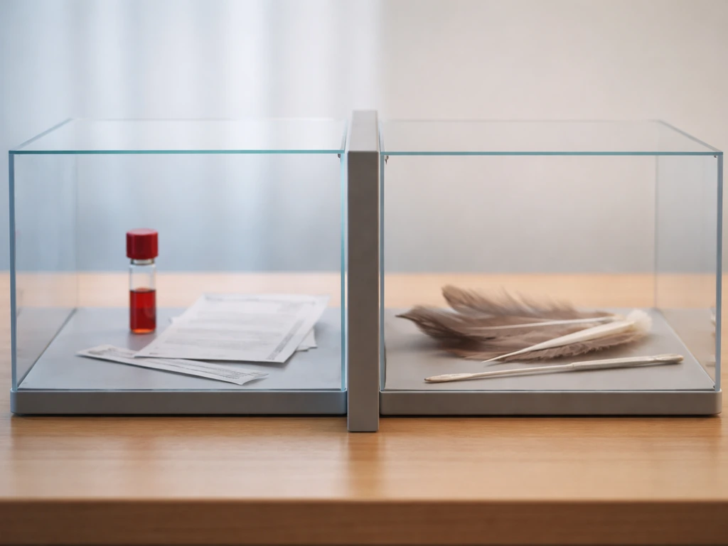 Two side-by-side lab display boxes: medical items on one side and bird-related items on the other.