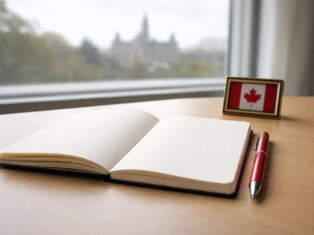 Minimal desk scene with an open blank notebook, red pen, and a small Canadian flag pin by a window.