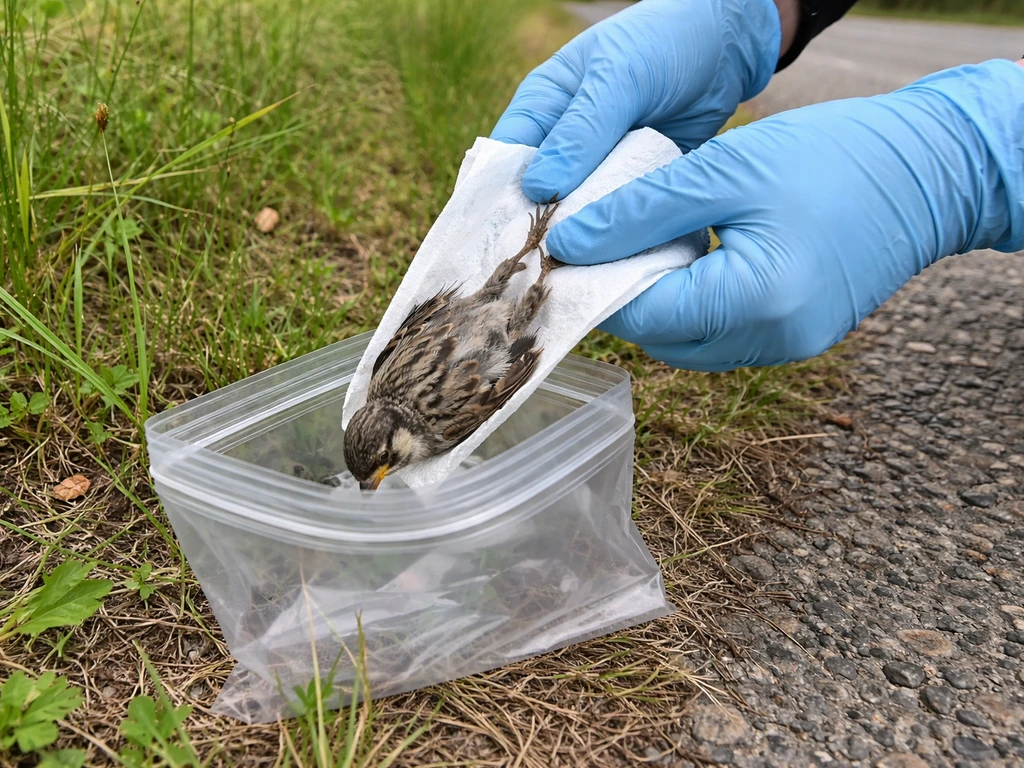 Gloved hands placing a small dead bird into a sealed container on a quiet grassy roadside.