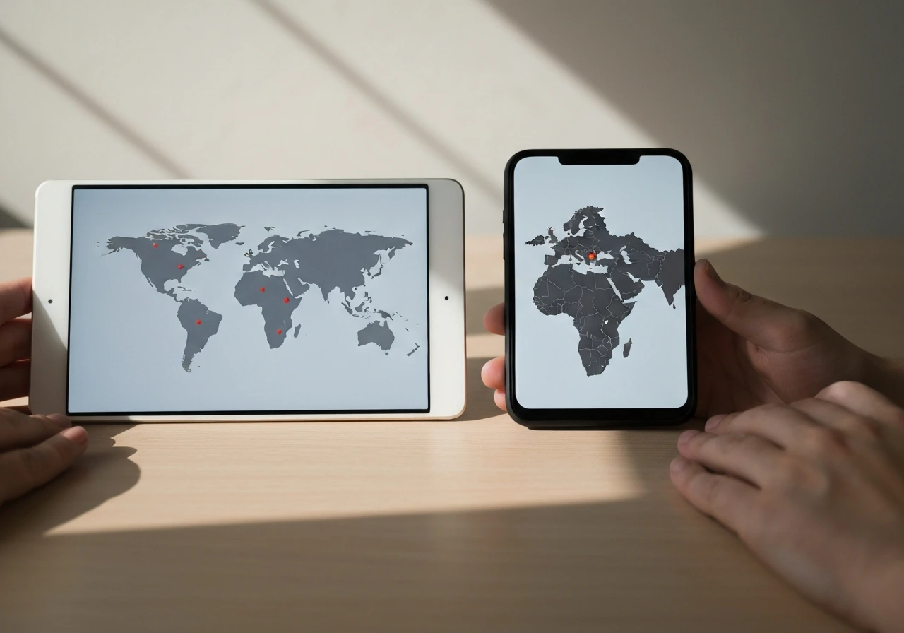 Hands on a desk beside a tablet world map and a phone country map with colored dots, no text.