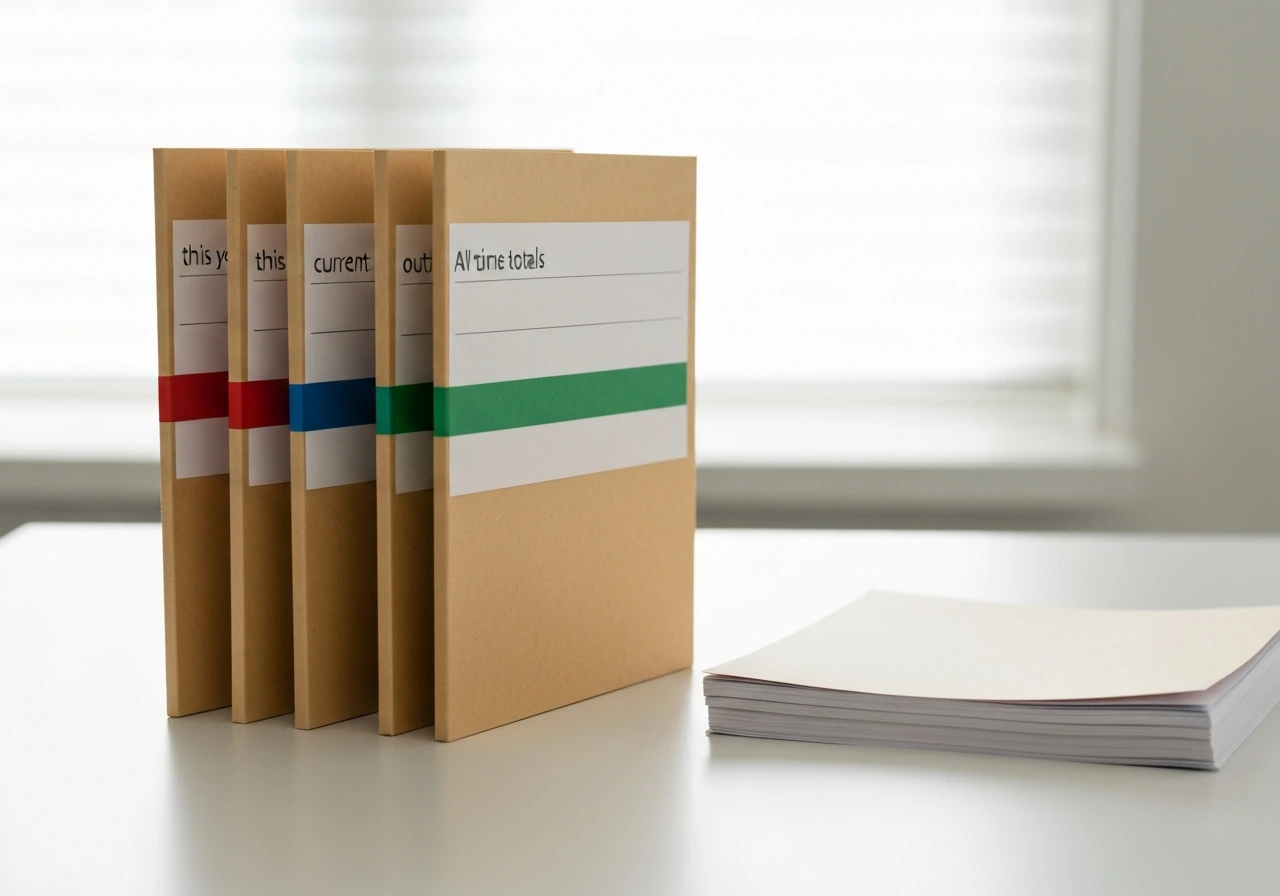 Minimal photo of three metal documents folders labeled by time frames on a clean desk, no readable text
