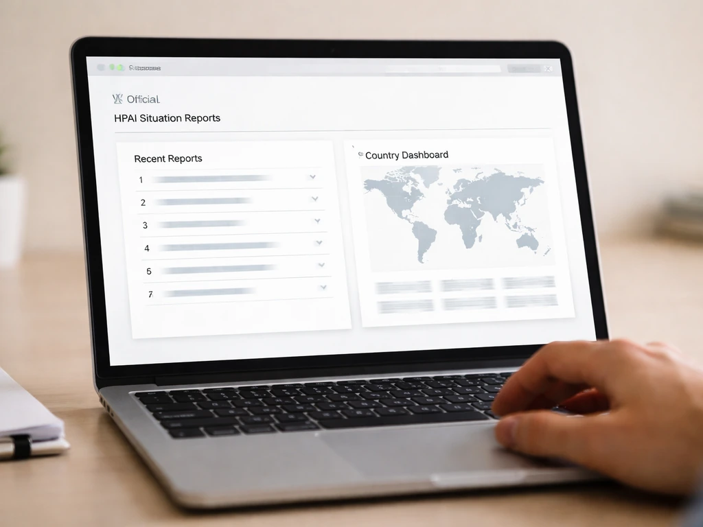 Laptop screen with an official-style WOAH HPAI reports list and a country dashboard entry area.