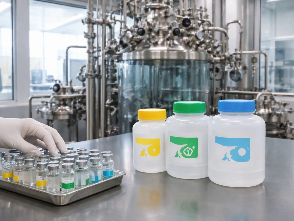 Flu-vaccine production lab pipeline with sealed vials and labeled sterile containers in a clean facility.
