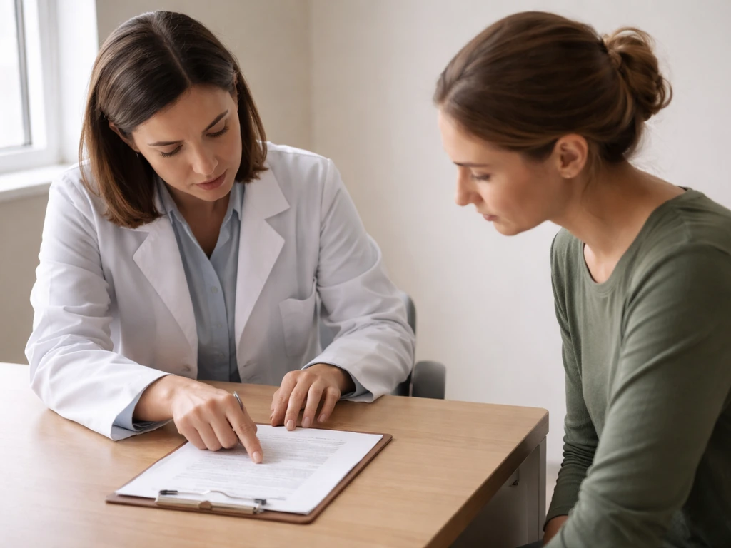 Clinician and patient reviewing a checklist in a quiet clinic room to show flu shots aren’t emergency treatment.