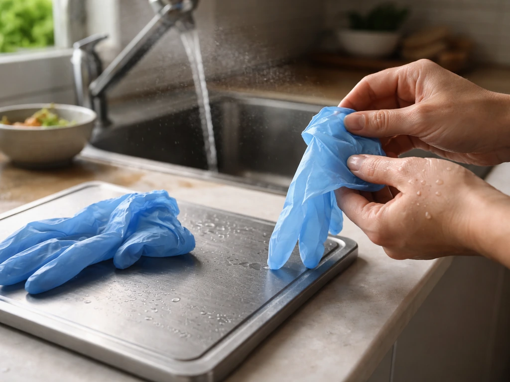 Unidentifiable hands removing gloves in a kitchen with small droplets, suggesting contaminated surfaces and exposure rou