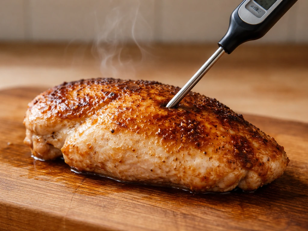 Close-up of cooked poultry on a cutting board with a food thermometer in the thickest part.