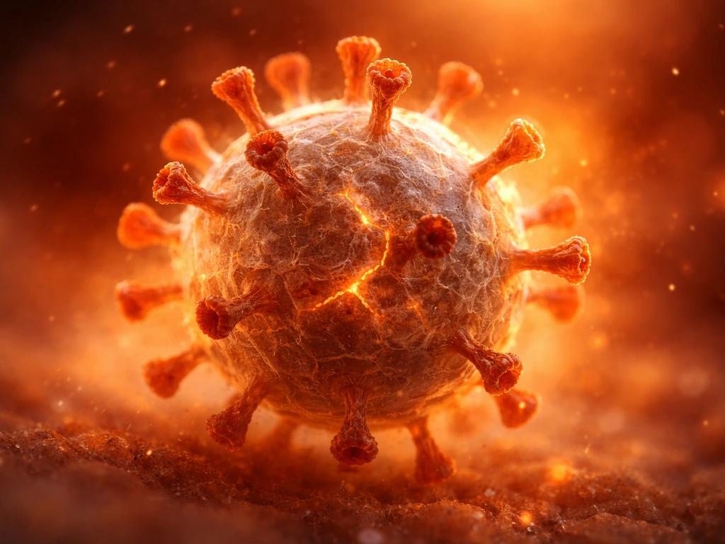 Macro view of a single influenza-like virus particle with envelope and spikes breaking apart in warm heat haze.