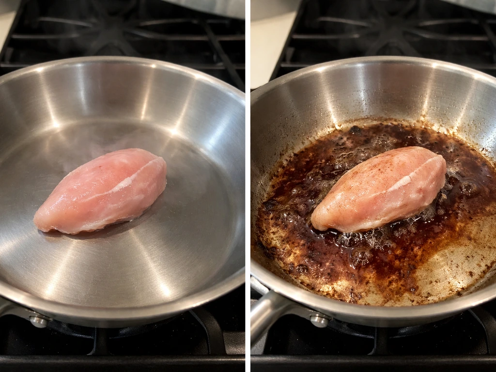 Split photo of poultry heating in a clean pan versus in a pan with juices and residue.