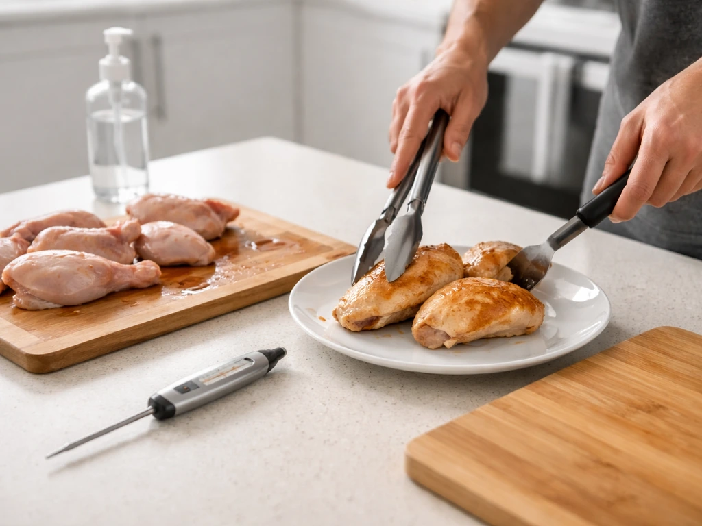 Person using separate cutting boards and utensils for raw and cooked poultry, with sanitizer nearby