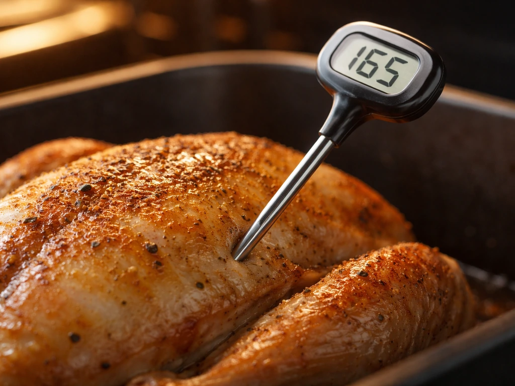 Meat thermometer probe inside cooking poultry reading 165°F (74°C) in a close-up kitchen scene.
