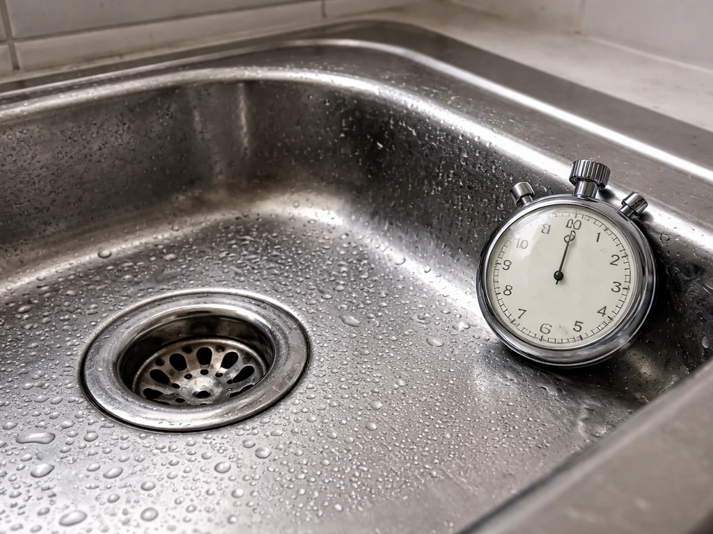 Wet disinfected metal surface with a nearby stopwatch showing disinfectant contact time.