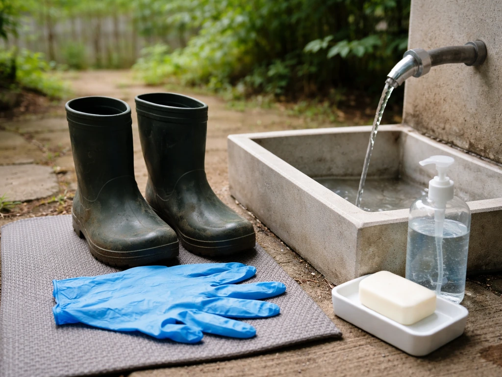 Disposable gloves, boots, and a simple handwashing setup beside a small outdoor basin.
